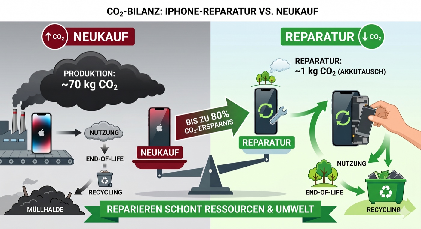 Infografik: CO₂-Bilanz iPhone-Reparatur vs. Neukauf — 70 kg vs. 1 kg, 80% Ersparnis